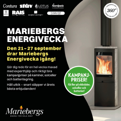 Gör dig redo för Mariebergs Energivecka 21–27 september!  En hel vecka fylld med fantastiska kampanjpriser på eldstäder , solceller och batterier experthjälp för hemmets energi. Håll utkik!